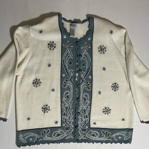 Koret Cream and Blue Embroidered Cardigan